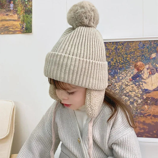 Kids Knit Beanie with Earflaps & Pompom