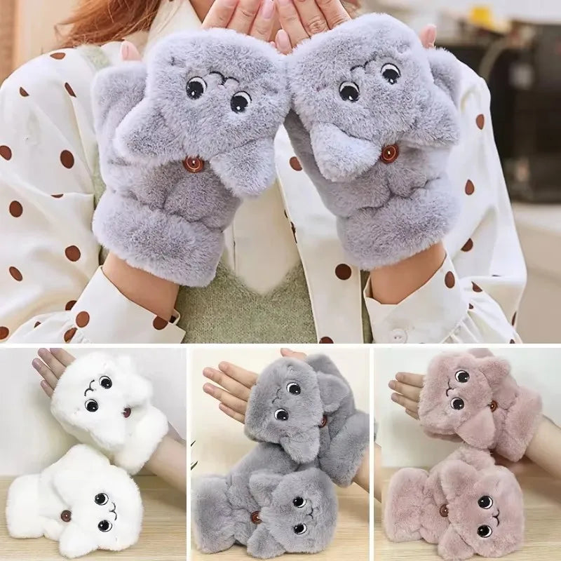 Plush Animal Fingerless Flip-Mitt Gloves