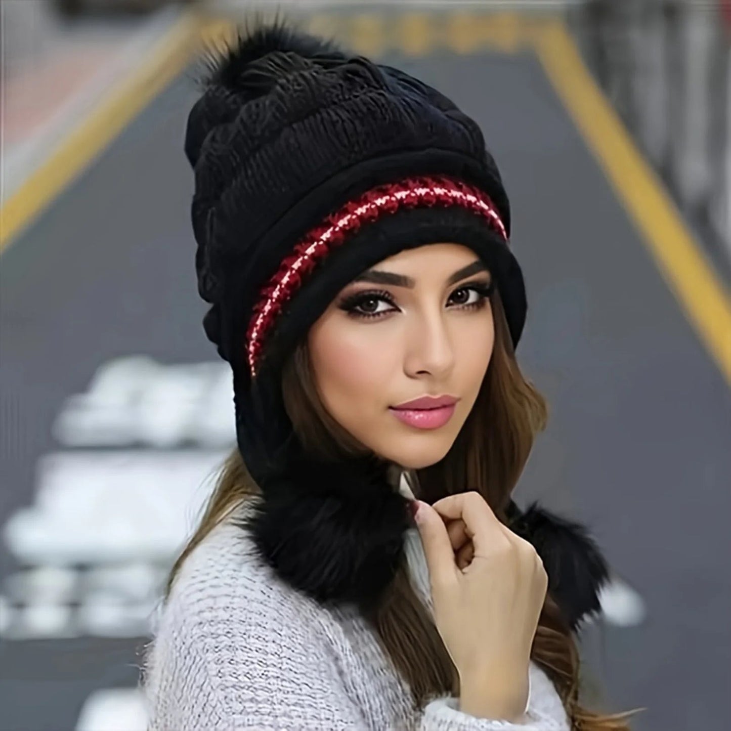 Fleece-Lined Knit Beanie with Faux Fur Pom Pom