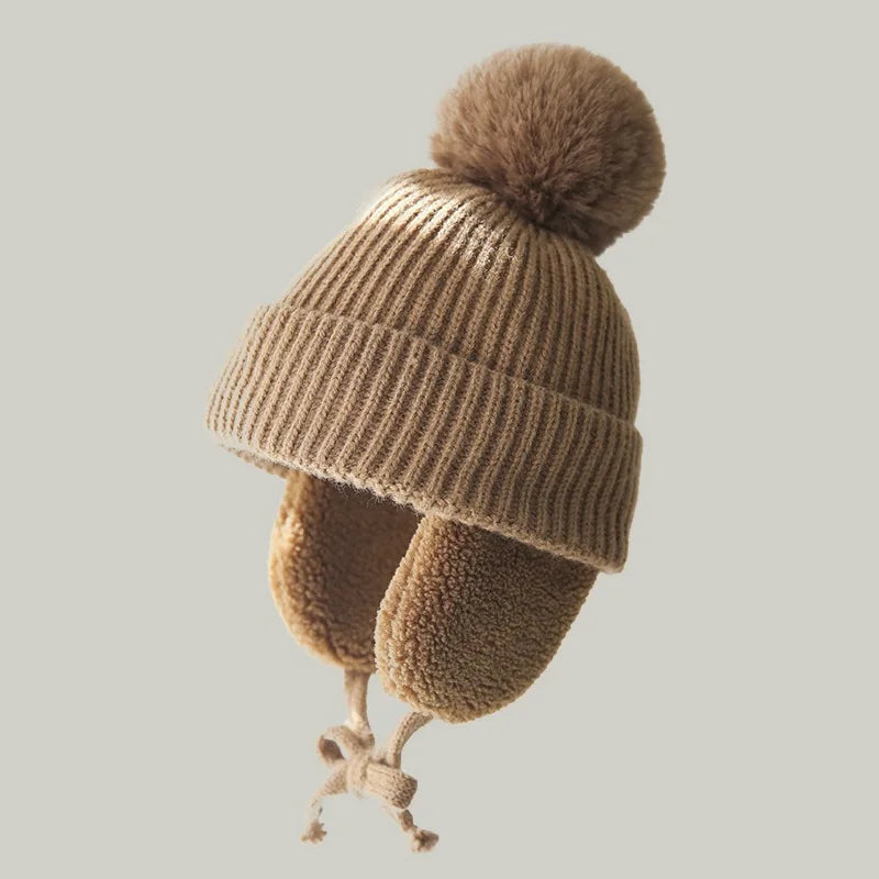 Kids Knit Beanie with Earflaps & Pompom