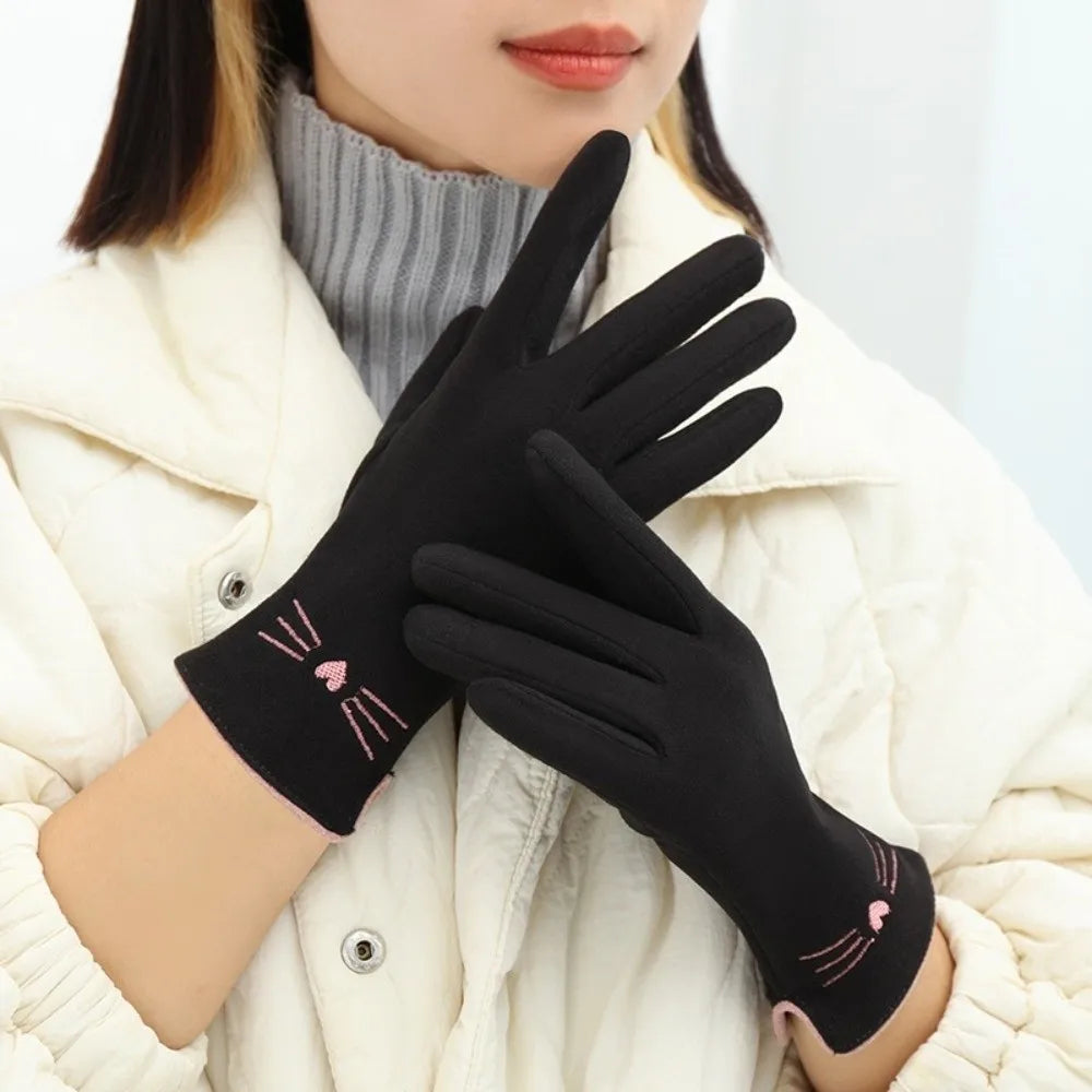 Women’s Cat Embroidery Touchscreen Winter Gloves