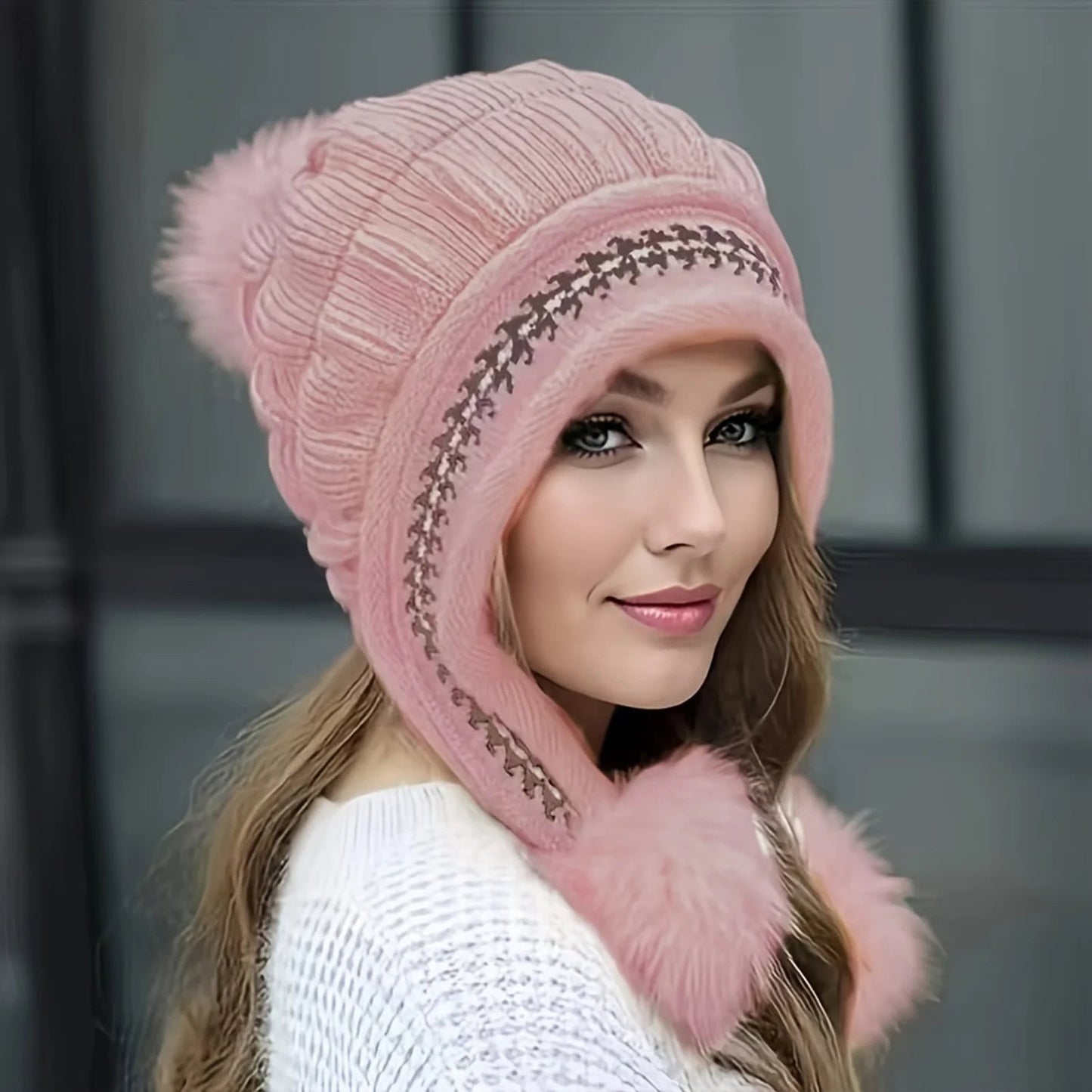 Fleece-Lined Knit Beanie with Faux Fur Pom Pom
