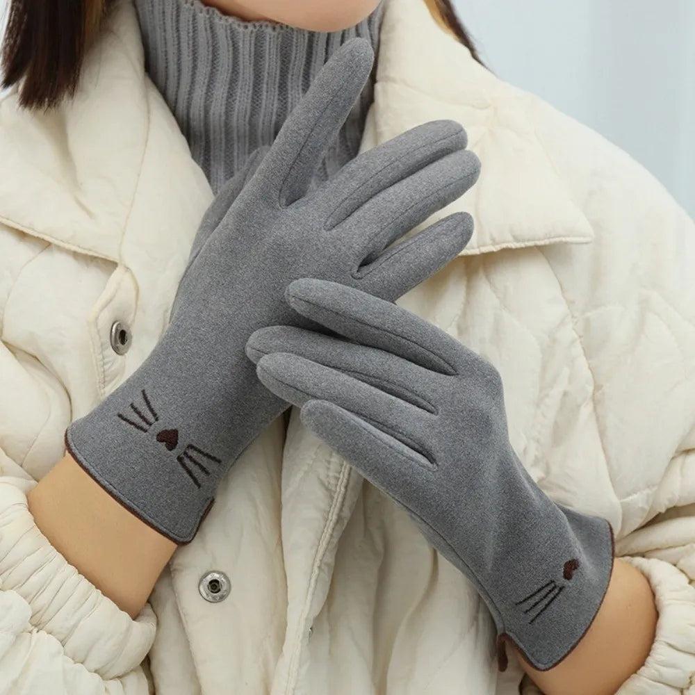 Women’s Cat Embroidery Touchscreen Winter Gloves