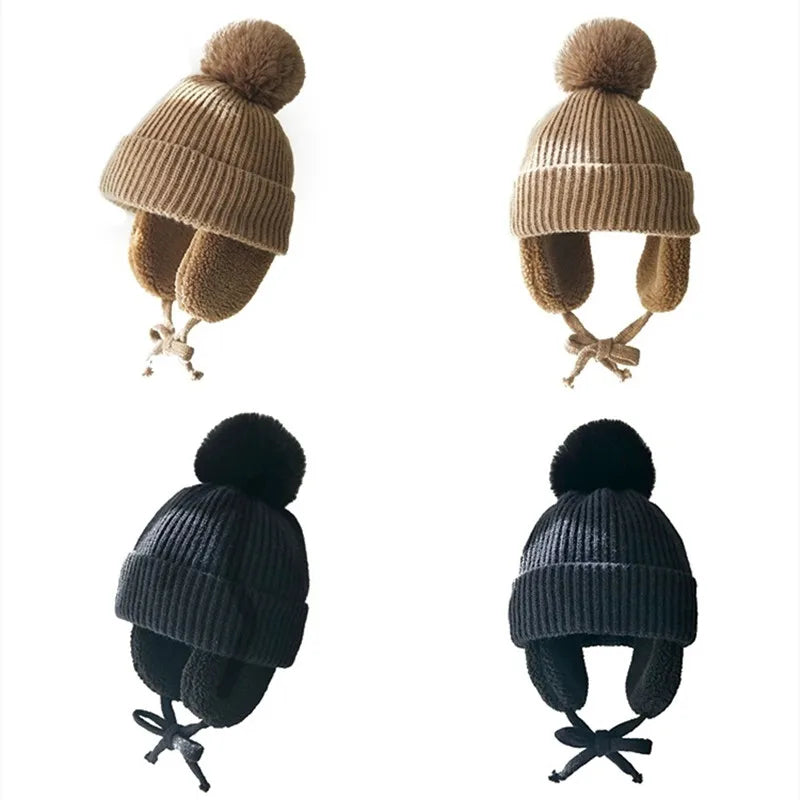 Kids Knit Beanie with Earflaps & Pompom