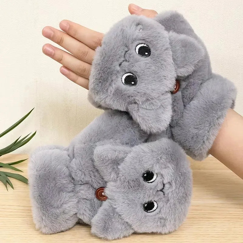 Plush Animal Fingerless Flip-Mitt Gloves