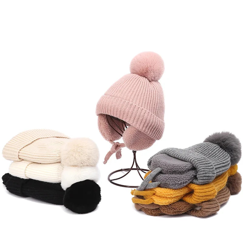 Kids Knit Beanie with Earflaps & Pompom