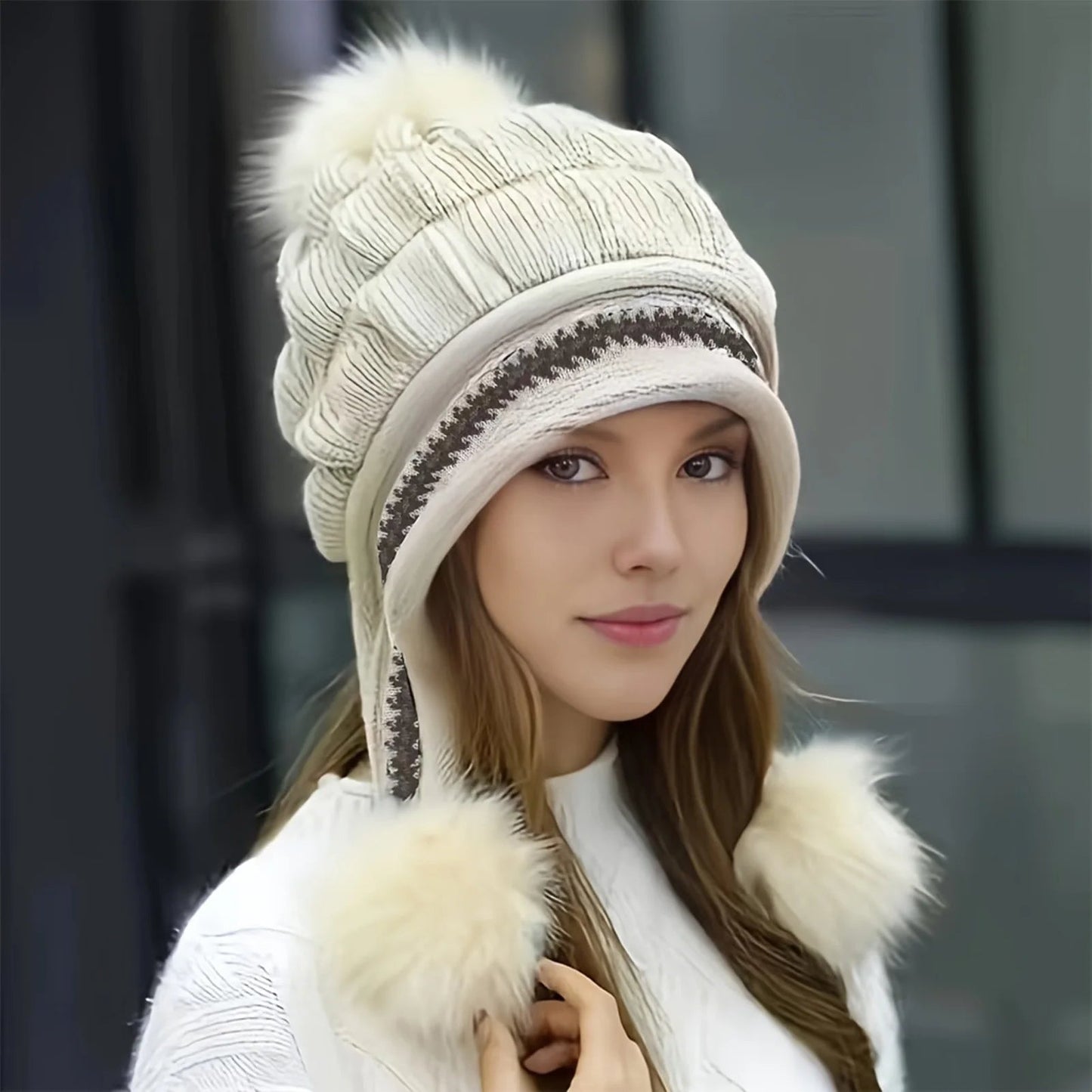 Fleece-Lined Knit Beanie with Faux Fur Pom Pom