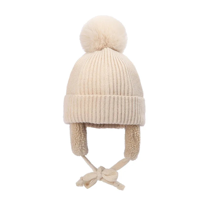 Kids Knit Beanie with Earflaps & Pompom