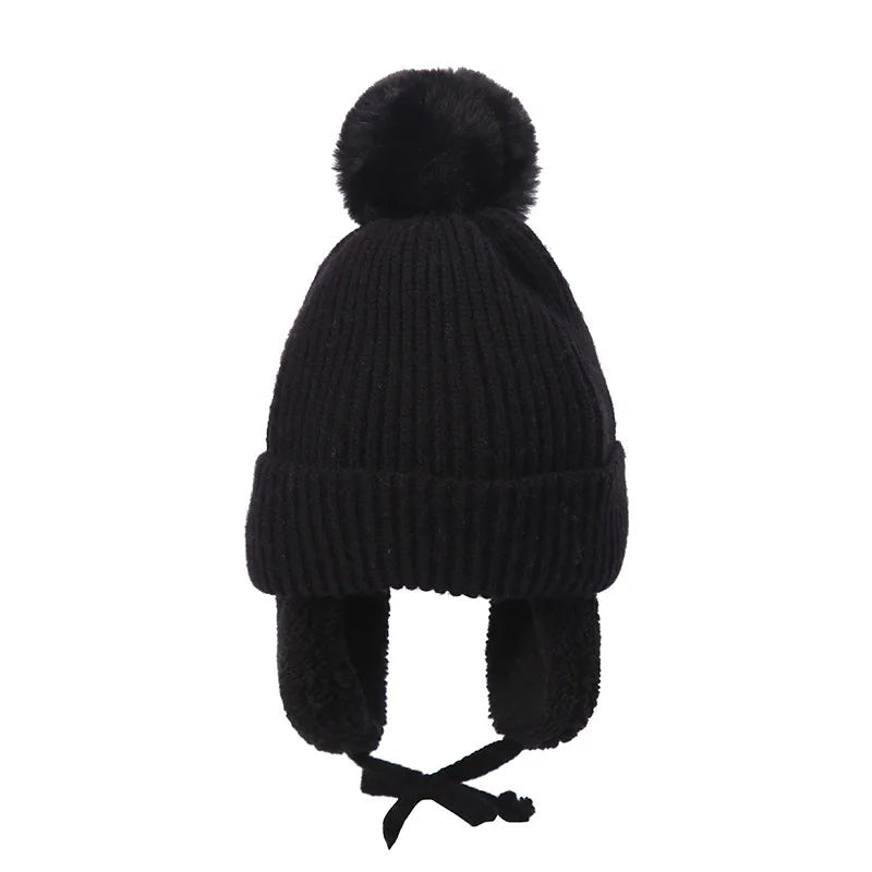 Kids Knit Beanie with Earflaps & Pompom