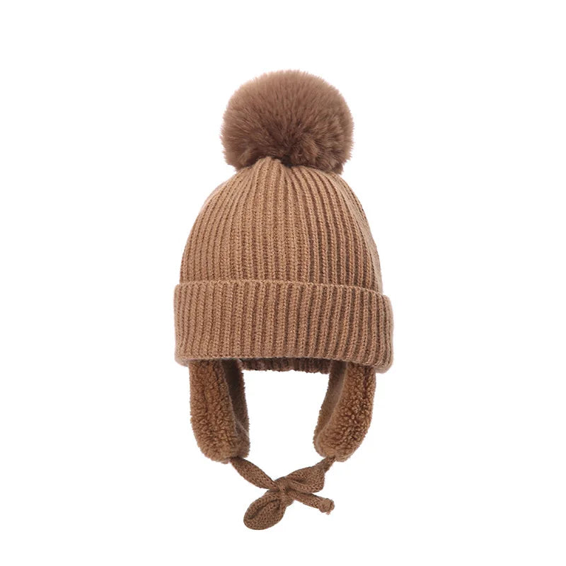 Kids Knit Beanie with Earflaps & Pompom