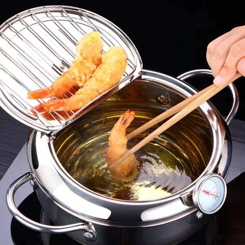 Japanese Deep Frying Pot with Thermometer & Drain Rack