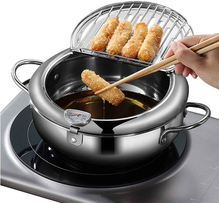 Japanese Deep Frying Pot with Thermometer & Drain Rack