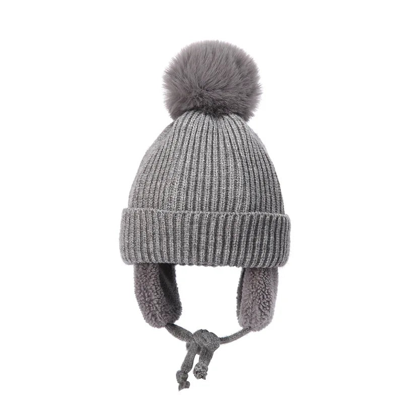 Kids Knit Beanie with Earflaps & Pompom