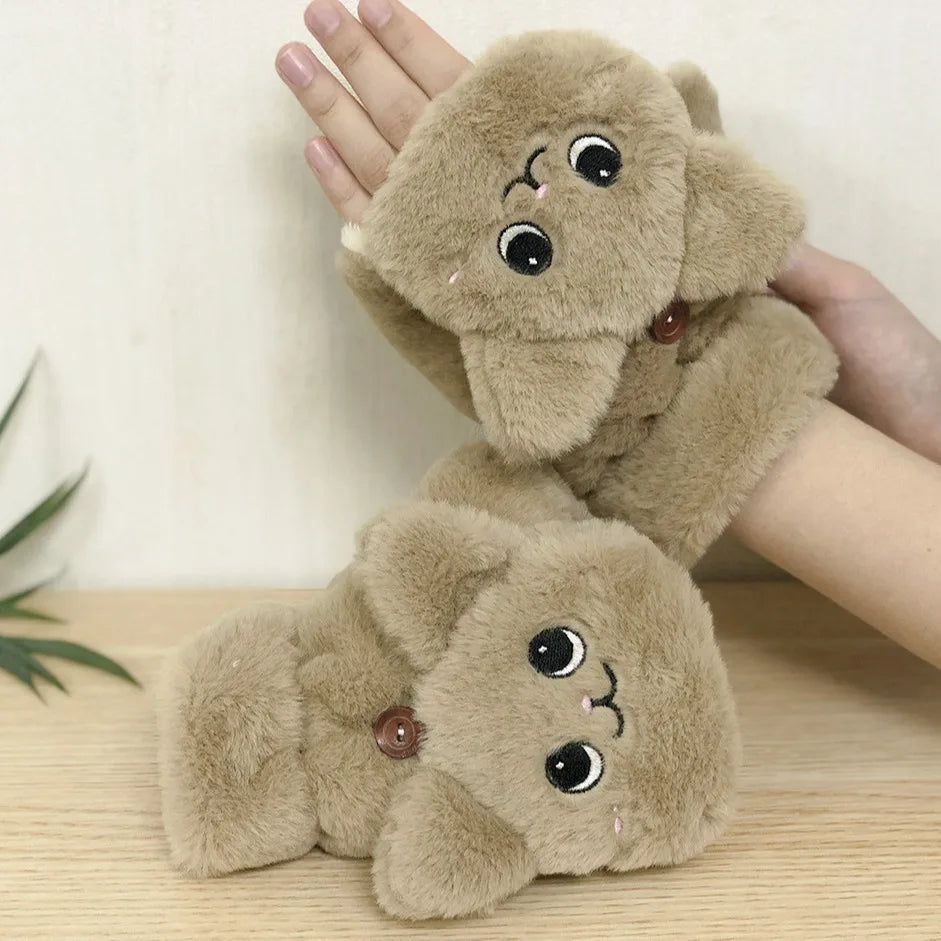 Plush Animal Fingerless Flip-Mitt Gloves