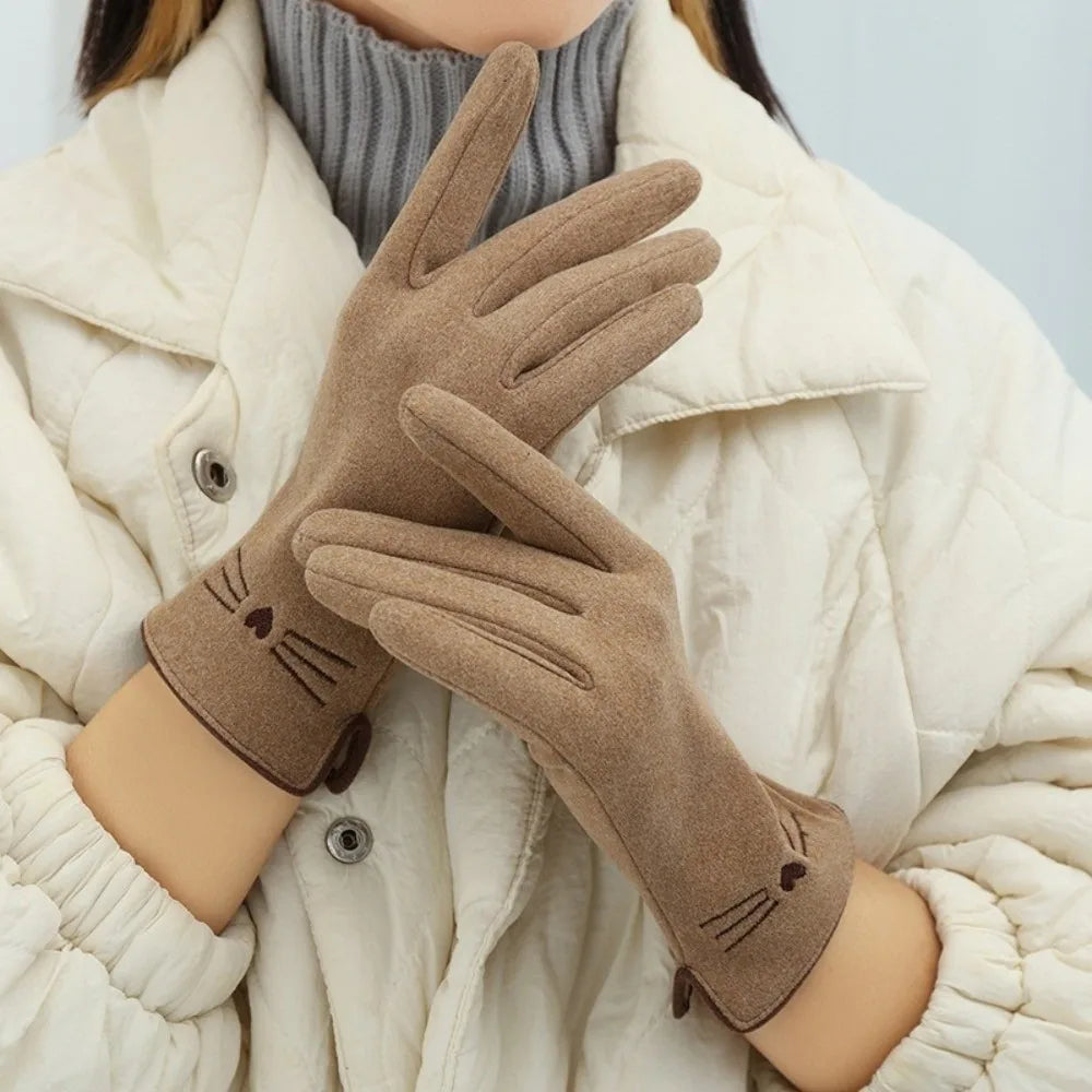 Women’s Cat Embroidery Touchscreen Winter Gloves
