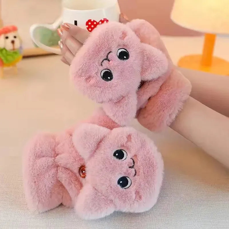 Plush Animal Fingerless Flip-Mitt Gloves