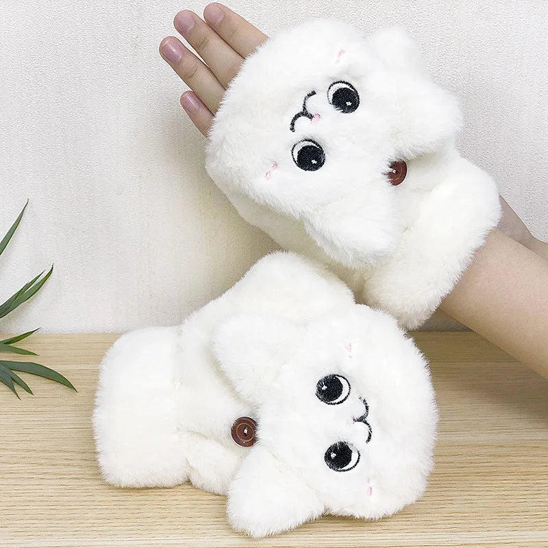 Plush Animal Fingerless Flip-Mitt Gloves